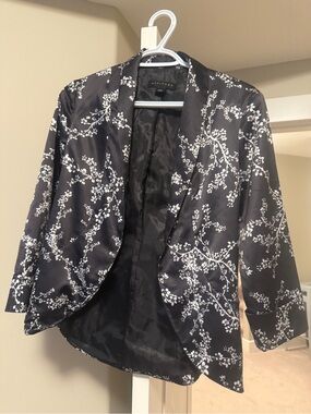 Black Floral Satin Open Blazer